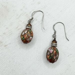 Vintage Cloisonne Dainty Drop Earrings Oval Bead Pink Red Sterling Silver